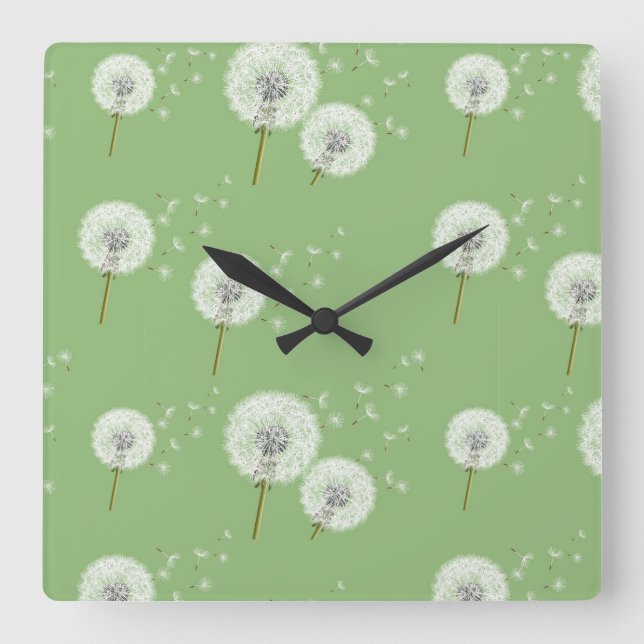 Dandelion Pattern on Green Background Square Wall Clock (Front)