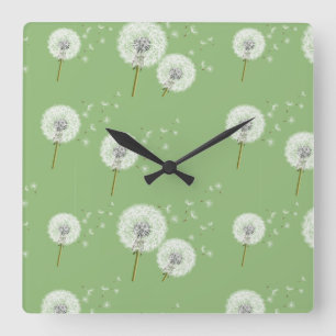 Dandelion Pattern on Green Background Square Wall Clock