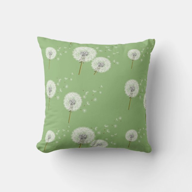 Dandelion Pattern on Green Background Throw Pillow (Front)