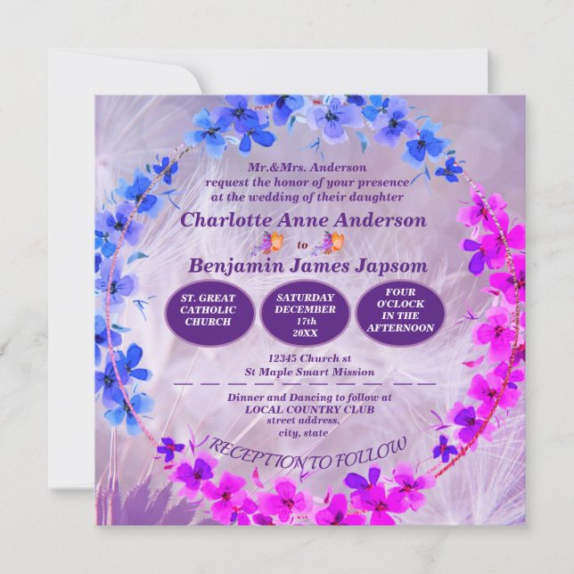 Dandelion Purple Floral Faire-part de mariage (Devant)