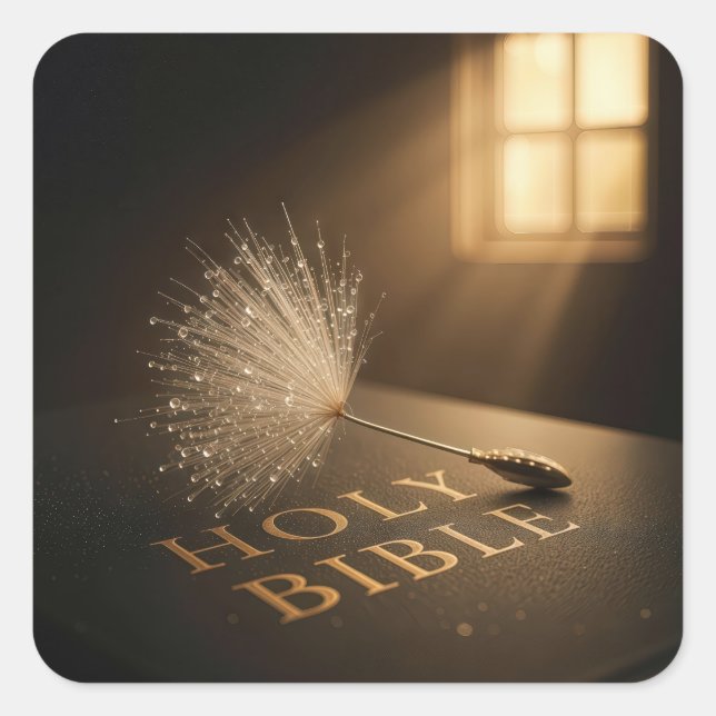 Dandelion Seedling with Water Droplets on a Bible  Square Sticker (Front)