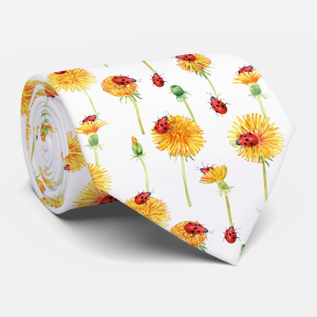 Dandelion Stems and Red Lady Bugs on White Tie (Rolled)