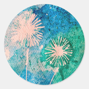 Dandelion watercolor abstract blue and green classic round sticker