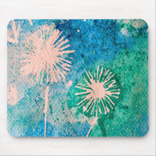 Dandelion watercolor abstract blue and green mouse pad
