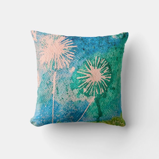 Dandelion watercolor abstract blue and green throw pillow (Front)