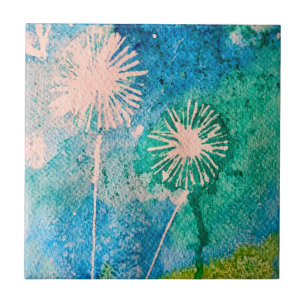 Dandelion watercolor abstract blue and green tile