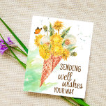 Dandelion well wishes postcard<br><div class="desc">Dandelion well wishes thinking of you postcard template. Bunch of blooming dandelions, dandelion puffballs, a little butterfly in an ice cream waffle cone.</div>