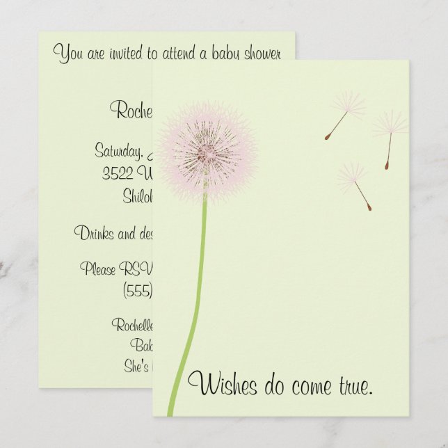 Dandelion Wishes for a Baby Shower in Pinks Invitation (Front/Back)