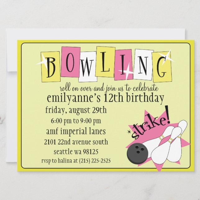 Dandelion Yellow Totally Retro Bowling Birthday Pa Invitation (Front)