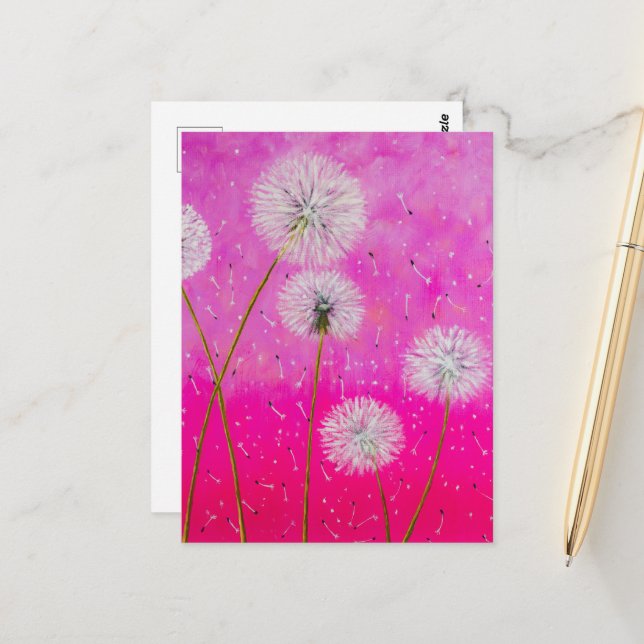Dandelions Abstract Painting, Pink flowers Art Postcard (Front/Back In Situ)