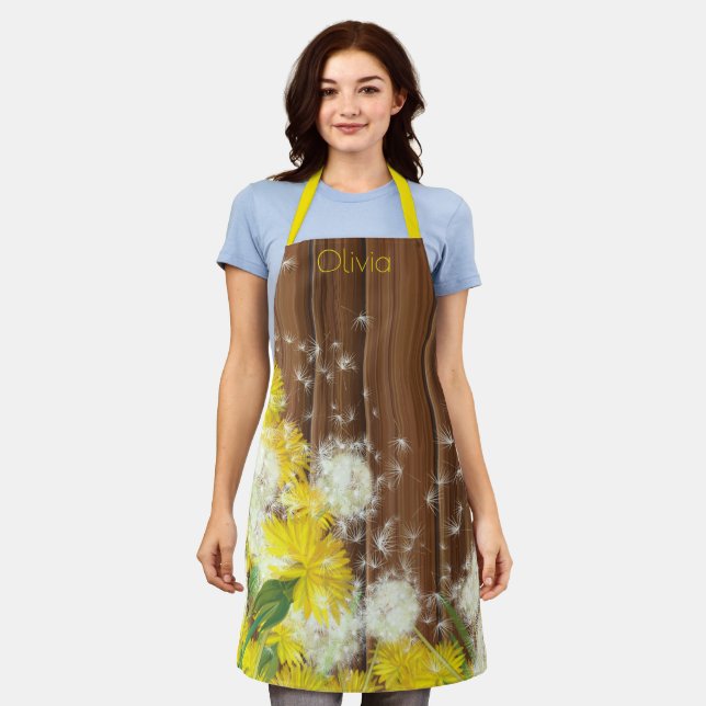 Dandelions and Rustic Wood Fence Apron (Worn)