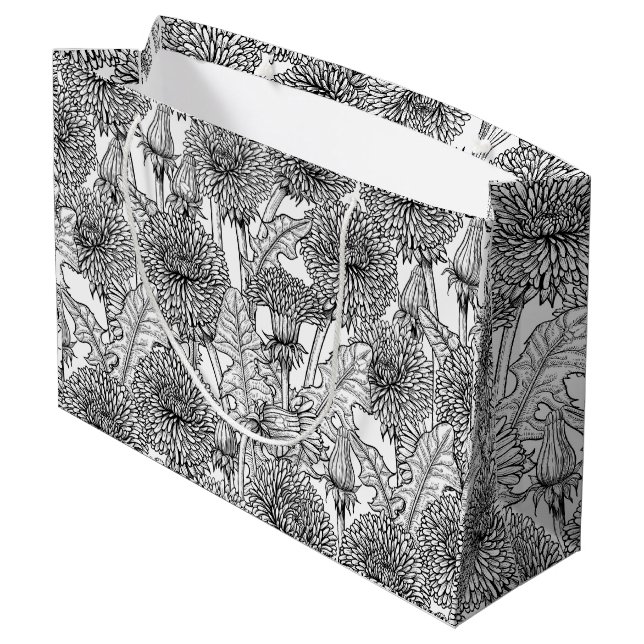 Dandelions, black and white large gift bag (Back Angled)
