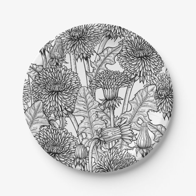 Dandelions, black and white paper plate (Front)