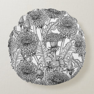 Dandelions, black and white round pillow