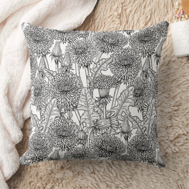Dandelions, black and white throw pillow (Blanket)
