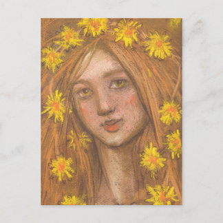 Dandelions Bloom, Blonde Girl and Flowers Painting Postcard