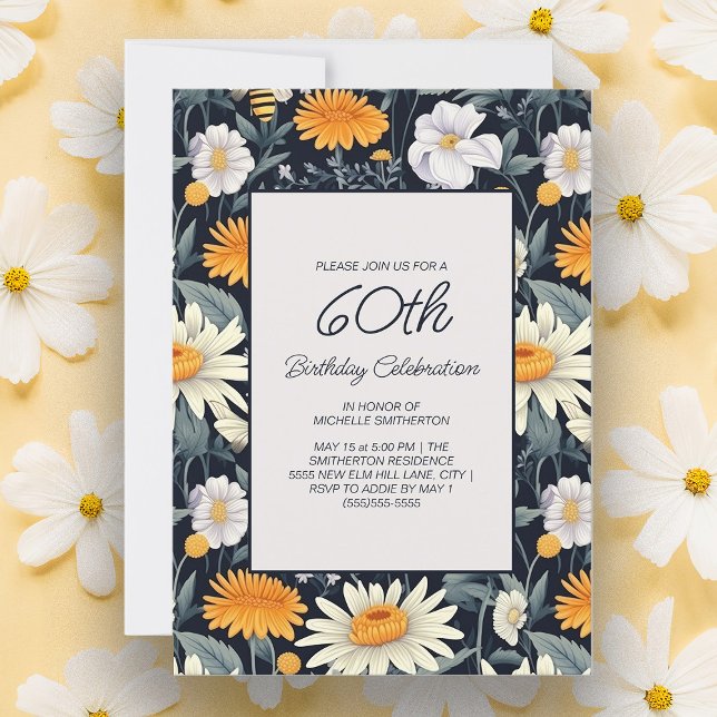 Dandelions Daisies Navy Blue Adult 60th Birthday Invitation (Pretty yellow dandelions and white daisies on navy blue 60th birthday party invitation)