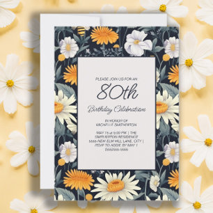 Dandelions Daisies Navy Blue Adult 80th Birthday Invitation