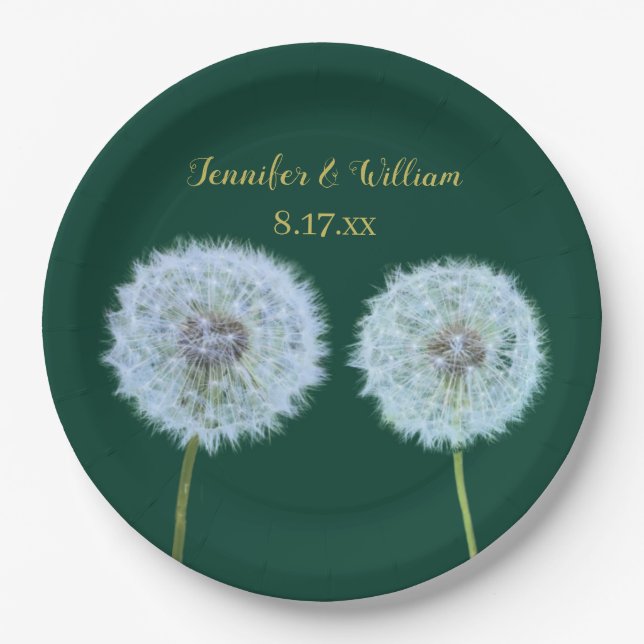Dandelions, Dandelion Clocks Green Personalized Paper Plate (Front)