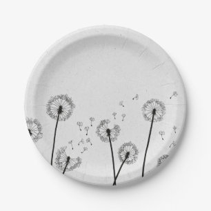 Dandelions Flowers Pappus Spores Grey Paper Plate