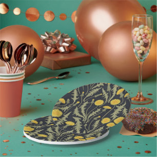 Dandelions, green, yellow and black paper plate