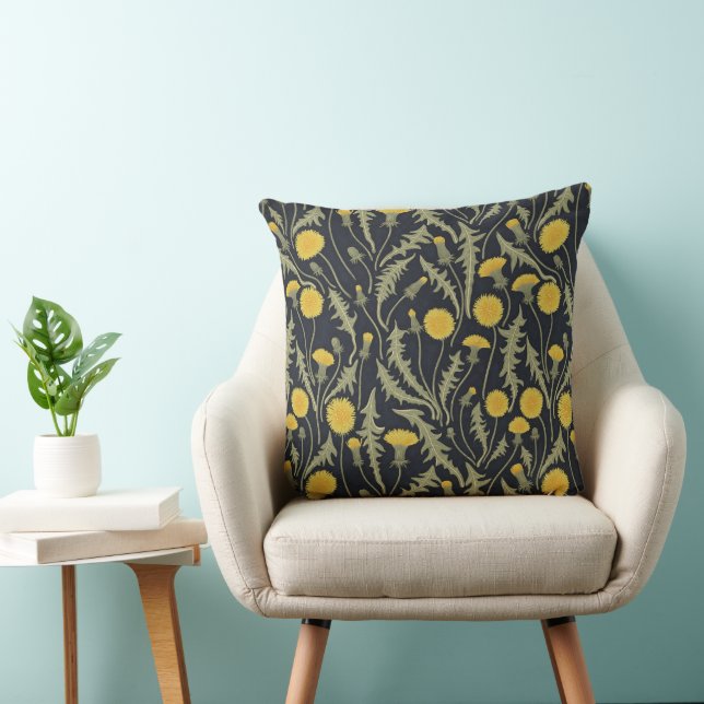 Dandelions, green, yellow and black throw pillow (Chair)
