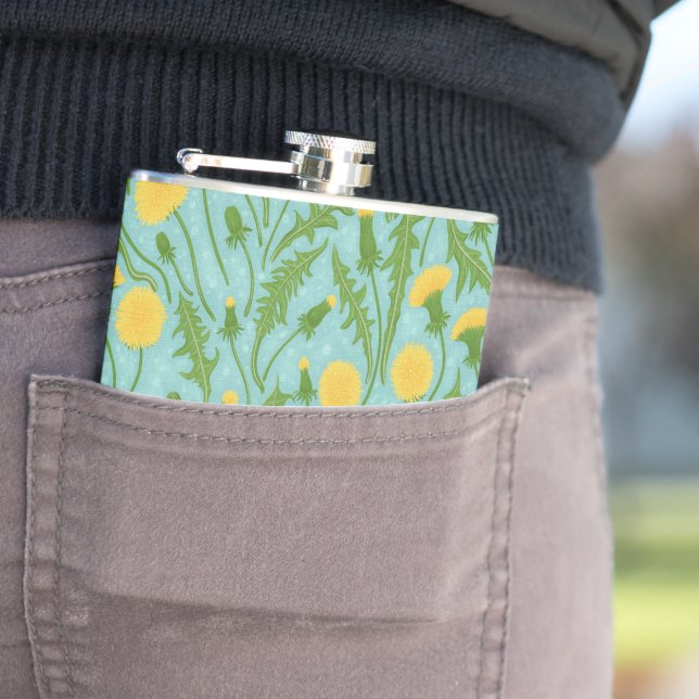 Dandelions, green, yellow and blue hip flask (In Situ)