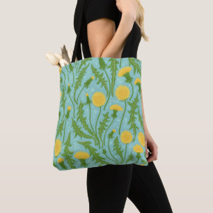 Dandelions, green, yellow and blue tote bag