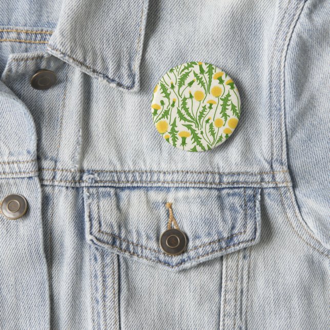 Dandelions, green, yellow and white 2 inch round button (In Situ)