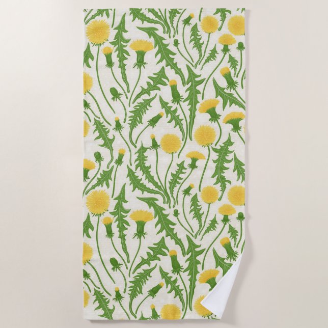 Dandelions, green, yellow and white beach towel (Front)