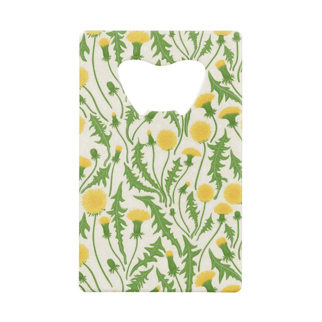Dandelions, green, yellow and white credit card bottle opener (Front)