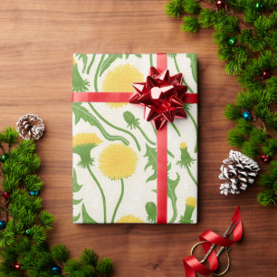 Dandelions, green, yellow and white wrapping paper