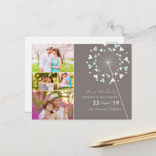 Dandelions Love Hearts 4 Multi Photo Save The Date Announcement Postcard (Front/Back In Situ)