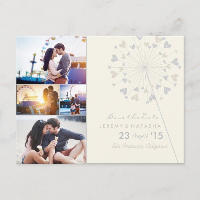 Dandelions Love Hearts 4 Multi Photo Save The Date Announcement Postcard (Front)