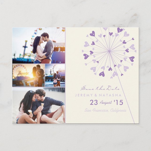 Dandelions Love Hearts 4 Multi Photo Save The Date Announcement Postcard (Front)