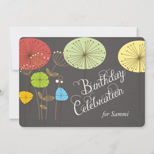 Dandelions on Charcoal Linen Birthday Invite (Front)