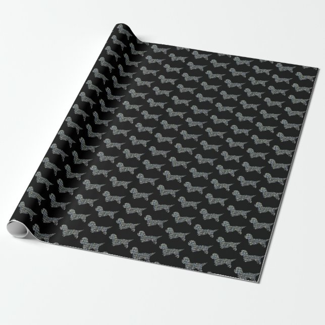 Dandie Dinmont Terrier Dog Silhouette Y&B Black Wrapping Paper (Unrolled)