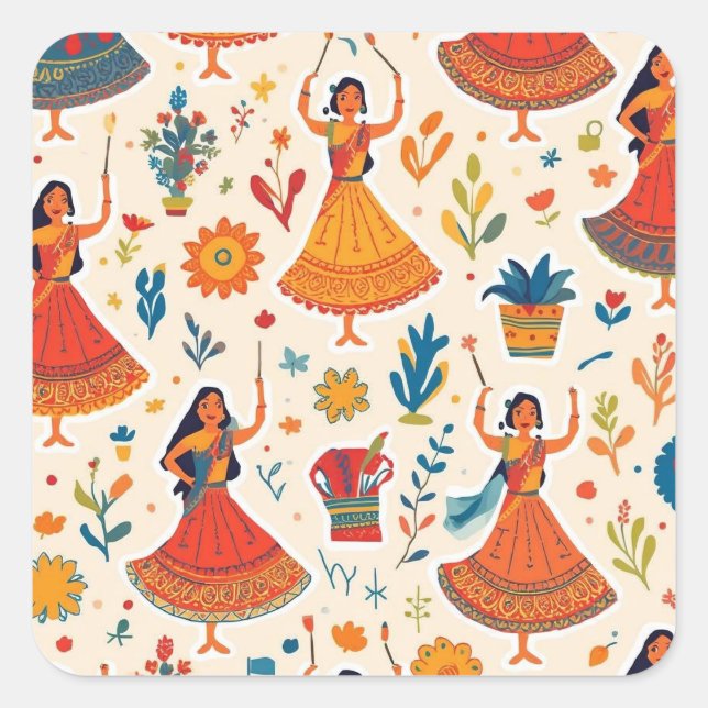 Dandiya Nights Seamless Pattern – Indian Festival  Square Sticker (Front)