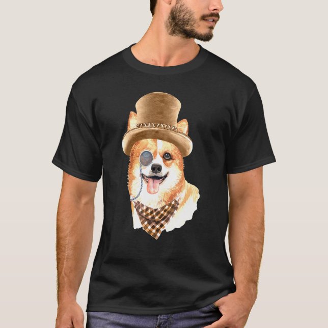 Dandy Corgi With Hat Scarf And Monocle T-Shirt (Front)