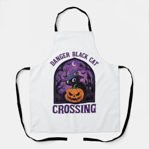 Danger Black Cat Crossing Halloween Pumpkin Witch  Apron