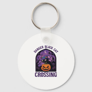Danger Black Cat Crossing Halloween Pumpkin Witch  Keychain