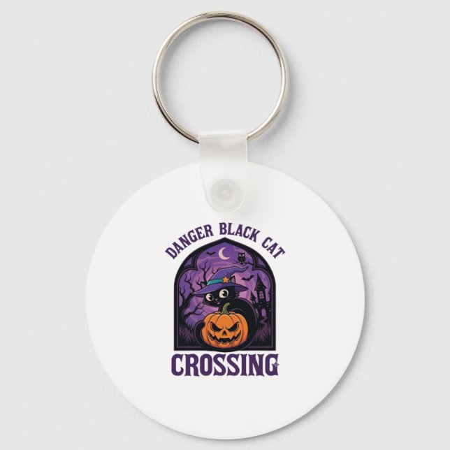 Danger Black Cat Crossing Halloween Pumpkin Witch  Keychain (Front)
