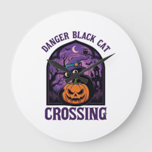 Danger Black Cat Crossing Halloween Pumpkin Witch  Large Clock