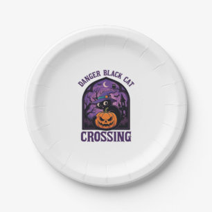 Danger Black Cat Crossing Halloween Pumpkin Witch Paper Plate