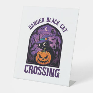 Danger Black Cat Crossing Halloween Pumpkin Witch Pedestal Sign