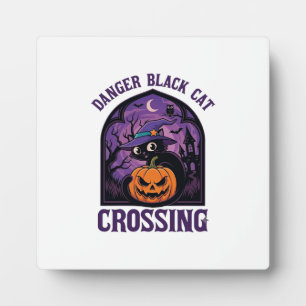 Danger Black Cat Crossing Halloween Pumpkin Witch Plaque