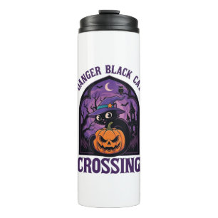 Danger Black Cat Crossing Halloween Pumpkin Witch Thermal Tumbler