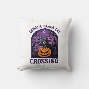 Danger Black Cat Crossing Halloween Pumpkin Witch Throw Pillow