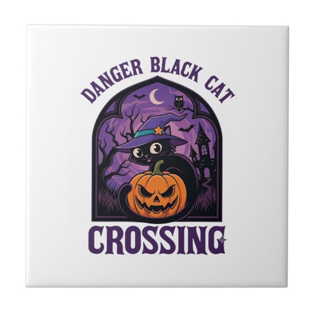 Danger Black Cat Crossing Halloween Pumpkin Witch  Tile (Front)