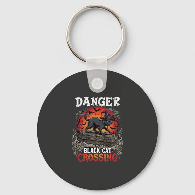 Danger Black Cat Crossing Halloween Witch Hat Coff Keychain (Front)